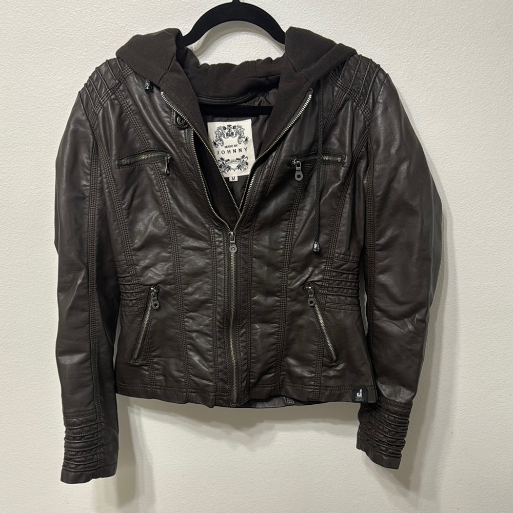 Brown Leather Jacket with Hood